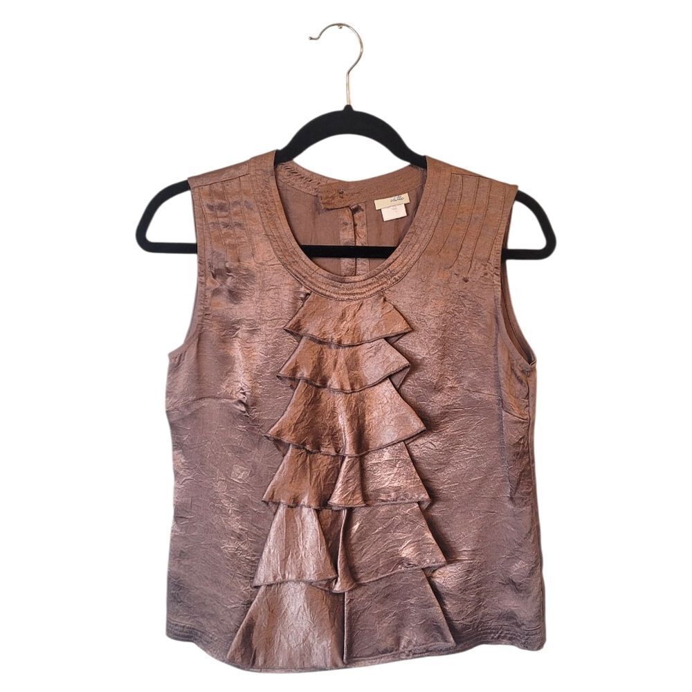 Vintage Odille Anthropologie Women's Twee Brown Satin Ruffle Blouse Size 4